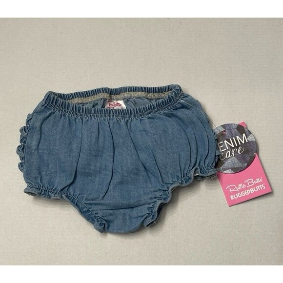 RuffleButts Baby Girls Woven RuffleButt Bloomer Light Wash Denim Size 0-3M New - Picture 3 of 5